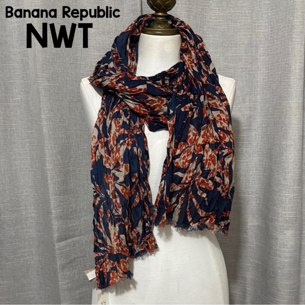 NWT-Banana Republic Scarf-Manray Hotel-Red/Navy-Polyester-Crinkle-Raw Edge - Picture 1 of 13